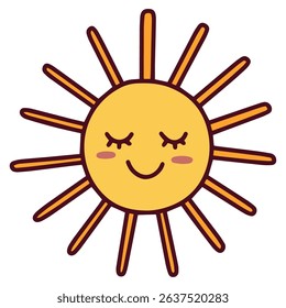 Calm yellow sun with closed eyes and peaceful smile, long rays radiating warm energy in simple hand-drawn style