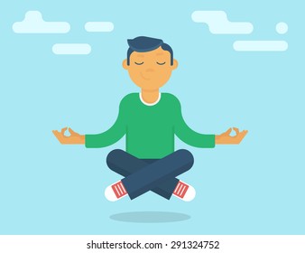 Calm Yoga Guru Meditating In The Sky. Flat Vector Illustration Of Calm Guy With Closed Eyes Doing Meditation And Relax To Increase His Concentration On The Positive Things Like Guru Of Meditation