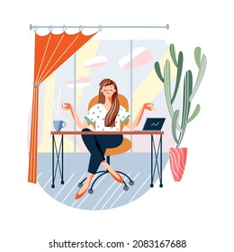 Calm yoga meditation of woman in office vector illustration. Cartoon girl sitting at desk workplace with laptop and meditating, taking coffee break. Zen pose, relaxation after hard work concept