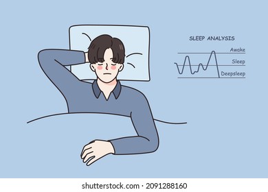 Calm young man asleep in bed have sleep analysis diagram near. Relaxed guy rest nap dream at home in bedroom, analyze deepsleep and awake. Diagnostic app or tracker. Vector illustration. 