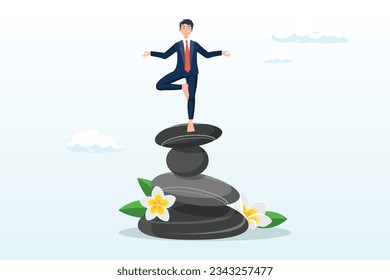 Calm young man meditate in yoga pose and balance on rock stack, harmony, balance or meditation, mindfulness relaxation for life wellness, zen or spiritual therapy, focus or concentration (Vector)