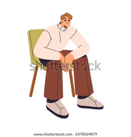 Calm young man sits on soft chair and leans on knees with hands. Person relaxes on comfortable seat during waiting. Character rests at leisure. Flat isolated vector illustration on white background