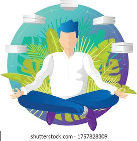 Calm young man in yoga pose easily manages his affairs