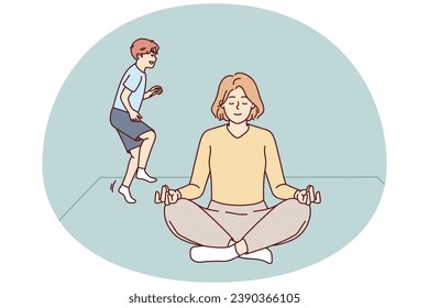 Calm young mom meditate at home with child playing near. Relaxed woman sit in lotus position practice yoga distracted from naughty kid. Vector illustration.