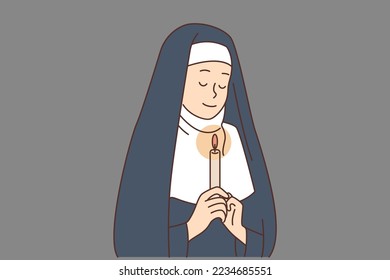 Calm young nun in traditional robe holding candle in hands praying. Religious female sister ask God keep hands in prayer. Faith and religion. Vector illustration. 