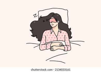 Calm young woman with eye mask lying relaxing in soft bed sleeping or taking nap. Relaxed millennial girl asleep in bedroom, see dreams at night. Relaxation and fatigue. Vector illustration. 