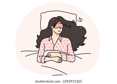 Calm young woman with eye mask lying relaxing in soft bed sleeping or taking nap. Relaxed millennial girl asleep in bedroom, see dreams at night. Relaxation and fatigue. Vector illustration.