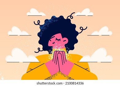 Calm young woman with hands in prayer feel thankful and grateful. Relaxed girl make polite religious palm gesture show respect and gratitude. Faith and superstition. Flat vector illustration. 