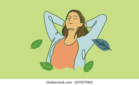 Calm young woman leaning back with happy face. Line art style vector illustration suitable for wellness or mental health content