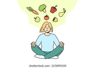 Calma joven meditando pensando en comer sano. La niña feliz en el loto posan para la dieta vegetariana. Productos ecológicos y ecológicos. Ilustración vectorial. 