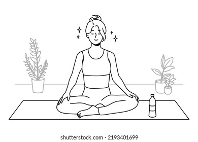 Calm young woman in sportswear sitting on mat practicing yoga at home. Smiling relaxed girl meditating indoors. Meditation and stress relief. Vector illustration. 