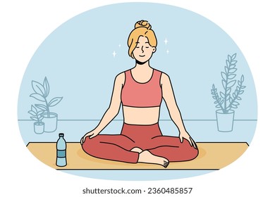 Calm young woman in sportswear sitting on mat practicing yoga at home. Smiling relaxed girl meditating indoors. Meditation and stress relief. Vector illustration.