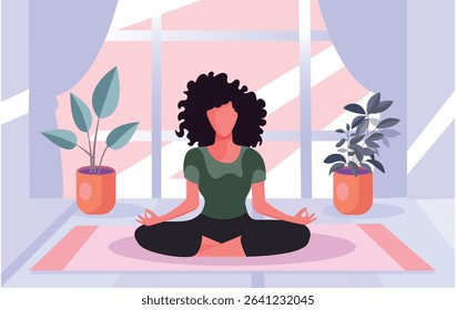 Calm young woman in sportswear sitting on mat practicing yoga at home. Smiling relaxed girl meditating indoors. Meditation and stress relief. Vector illustration.