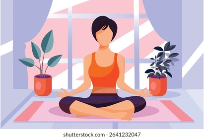 Calm young woman in sportswear sitting on mat practicing yoga at home. relaxed girl meditating indoors. Meditation and stress relief. Vector illustration.Young woman doing yoga 