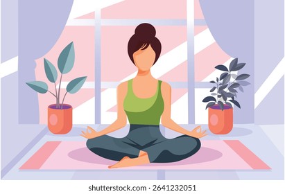 Calm young woman in sportswear sitting on mat practicing yoga at home. Smiling relaxed girl meditating indoors. Meditation and stress relief. Vector illustration.