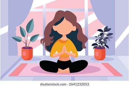 Calm young woman in sportswear sitting on mat practicing yoga at home. Smiling relaxed girl meditating indoors. Meditation and stress relief. Vector illustration.