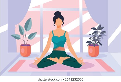 Calm young woman in sportswear sitting on mat practicing yoga at home. Smiling relaxed girl meditating indoors. Meditation and stress relief. Vector illustration.