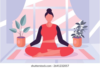 Calm young woman in sportswear sitting on mat practicing yoga at home. Smiling relaxed girl meditating indoors. Meditation and stress relief. Vector illustration.