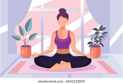 Calm young woman in sportswear sitting on mat practicing yoga at home. Smiling relaxed girl meditating indoors. Meditation and stress relief. Vector illustration.