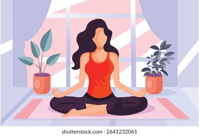 Calm young woman in sportswear sitting on mat practicing yoga at home. Smiling relaxed girl meditating indoors. Meditation and stress relief. Vector illustration.