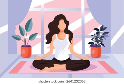 Calm young woman in sportswear sitting on mat practicing yoga at home. Smiling relaxed girl meditating indoors. Meditation and stress relief. Vector illustration.