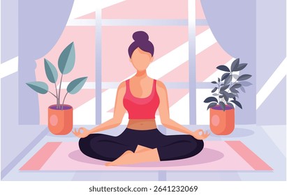 Calm young woman in sportswear sitting on mat practicing yoga at home. Smiling relaxed girl meditating indoors. Meditation and stress relief. Vector illustration.