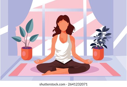 Calm young woman in sportswear sitting on mat practicing yoga at home. Smiling relaxed girl meditating indoors. Meditation and stress relief. Vector illustration.