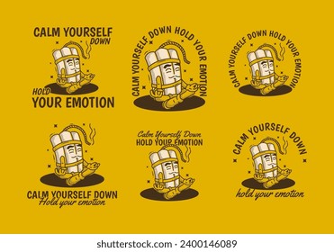 Cálmate, sostiene tu emoción. Diseño de carácter mascot de dinamita de tinte en la posología de la meditación