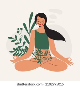 Calm zen and wellness woman in yoga lotus pose and nature vegetation around. Positive green mind concept. Love yourself and eco healthy lifestyle. Meditating lady flat vector cartoon illustration