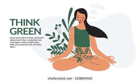 Calm zen and wellness woman in yoga lotus pose and nature vegetation around. Positive green mind concept. Love yourself and eco lifestyle. Meditating lady flat vector cartoon illustration banner