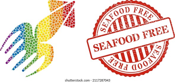 Calmar collage icon of round dots in various sizes and rainbow colorful color hues. Red round rubber seal stamp with Seafood Free text. A dotted LGBT- colored calmar for lesbians, gays, bisexuals,