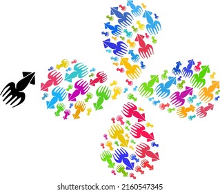 Calmar icon colored centrifugal flower with 4 petals composition. Object flower with 4 petals done from random calmar items. Vector flower icon collage in flat style.