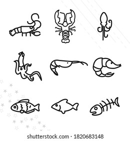 calmar, shrimp, lagostas, sea food line icon set