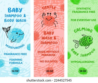 Calming baby shampoo for kids, body wash and organic cosmetics for infants hygiene and skin care treatment. Labels and promotional banners for children products. Vector in flat style illustration