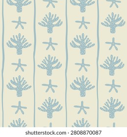 Calming blue coral reef and starfish with hand drawn nautical stripes seamless pattern. For coastal background, spa marketing, wallpaper and beach house décor 