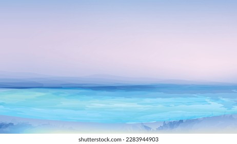 Calming blue mountain lake vector background. Watercolor textured abstract nature illustration. 