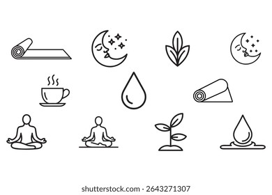 A calming collection of minimalist line art icons focused on wellness and self-care. This serene vector set includes illustrations of yoga mats, meditating figures, crescent moons and so on.