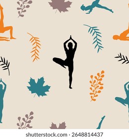 Calming, continuous patterns of yoga poses and tropical leaves are perfect for wellness and fabric design.