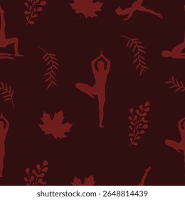 Calming, continuous patterns of yoga poses and tropical leaves are perfect for wellness and fabric design.