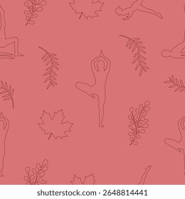 Calming, continuous patterns of yoga poses and tropical leaves are perfect for wellness and fabric design.