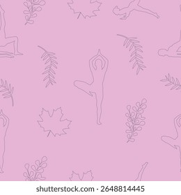 Calming, continuous patterns of yoga poses and tropical leaves are perfect for wellness and fabric design.