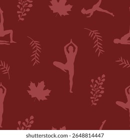 Calming, continuous patterns of yoga poses and tropical leaves are perfect for wellness and fabric design.