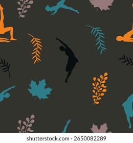 Calming, continuous patterns of yoga poses and tropical leaves are perfect for wellness and fabric design.