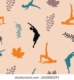 Calming, continuous patterns of yoga poses and tropical leaves are perfect for wellness and fabric design.