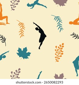 Calming, continuous patterns of yoga poses and tropical leaves are perfect for wellness and fabric design.