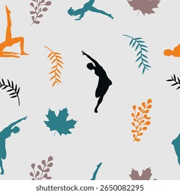 Calming, continuous patterns of yoga poses and tropical leaves are perfect for wellness and fabric design.