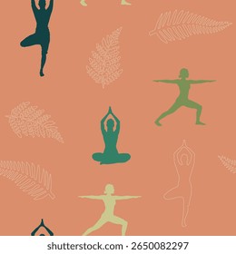 Calming, continuous patterns of yoga poses and tropical leaves are perfect for wellness and fabric design.