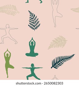 Calming, continuous patterns of yoga poses and tropical leaves are perfect for wellness and fabric design.