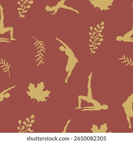 Calming, continuous patterns of yoga poses and tropical leaves are perfect for wellness and fabric design.