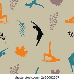 Calming, continuous patterns of yoga poses and tropical leaves are perfect for wellness and fabric design.